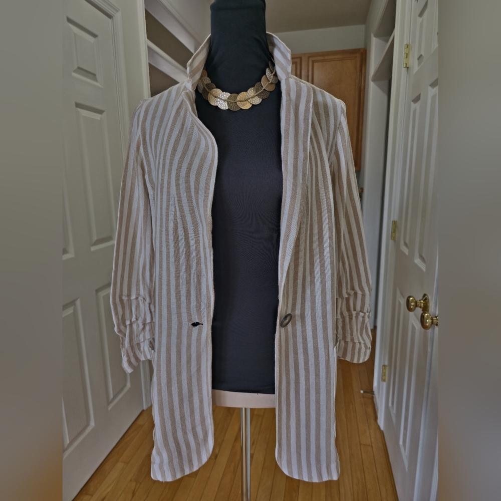 H Halston LINEN blend  jacket blazer beige stripe preppy for Travel Office SMALL